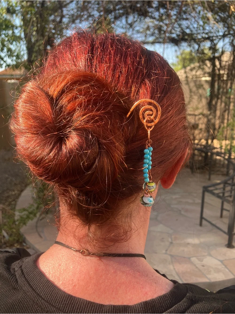Copper Spiral Hair Stick with Turquoise and vintage glass lamp work Beads